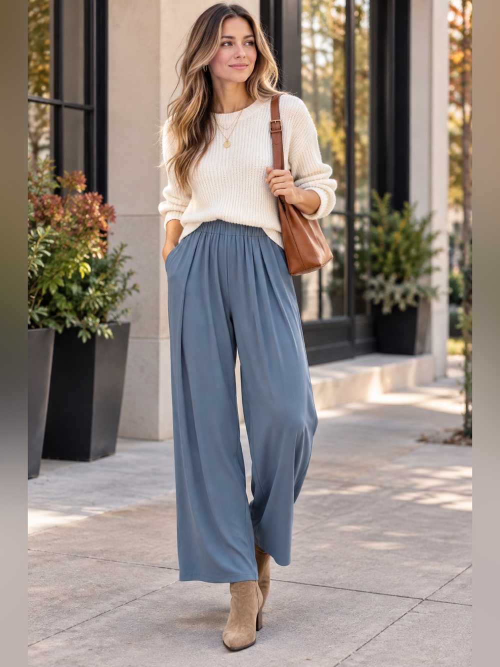 Cider Dusty Blue Ribbed Pleated Wide Leg Palazzo Pants M